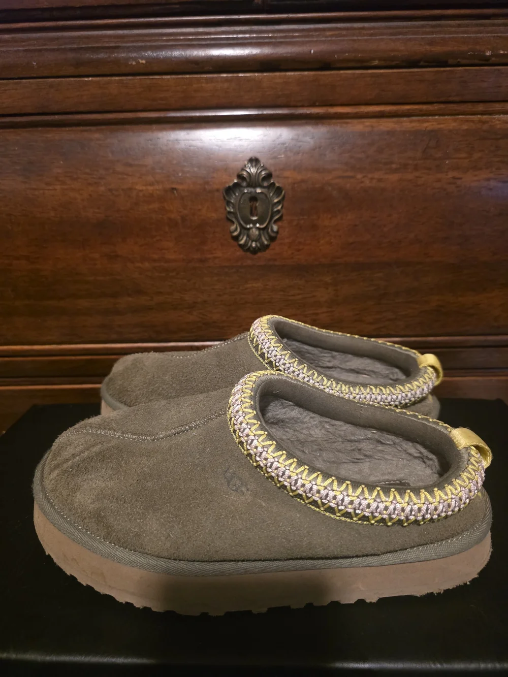 Kid's Slip-On Suede Clog in Olive with Contrasting Trim